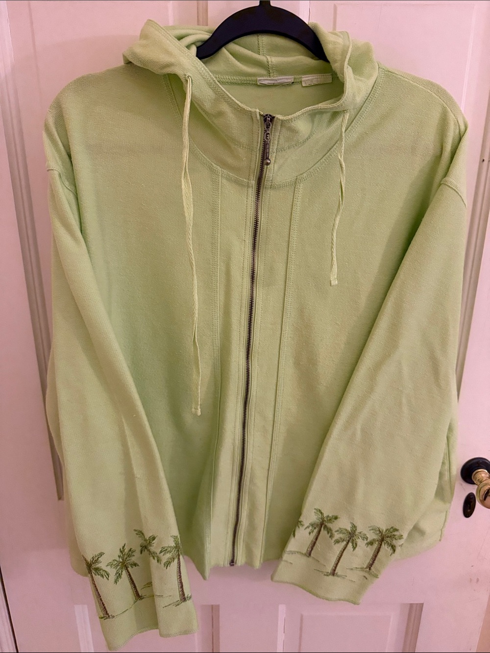 Light Green Hooded Zip-Up Cardigan with Palm Tree Embroidery